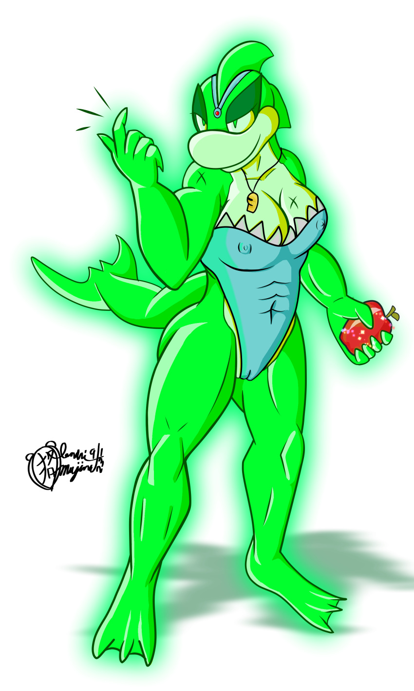 absurd_res anthro apple beckoning camel_toe clothing fan_character female food fruit gesture glowing glowing_body green_body hi_res holding_object jetsam_(neopets) jumpstart_games lendri_mujina muscular muscular_female neopet_(species) neopets nipple_outline one-piece_swimsuit plant ranbina_luz scar solo swimwear