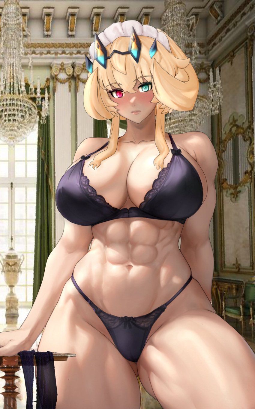 1girls abs barghest_(gawain)_(fate) barghest_(swimsuit_archer)_(second_ascension)_(fate) big_breasts black_bra black_lingerie black_panties blonde_hair blush blush_lines bra fate/grand_order fate_(series) female female_only full_lips green_eyes heterochromia light-skinned_female light_skin light_skinned_female lingerie maid_cap muscular_arms muscular_female muscular_thighs panties raskasar red_eye six_pack