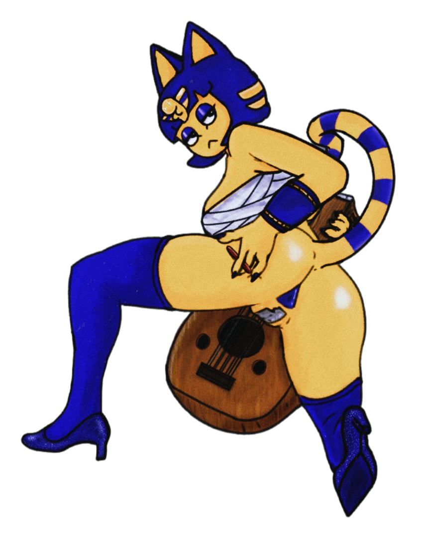 1girls anal anal_only anal_only_maebari animal_crossing ankha ankha_(animal_crossing) anthro anus armwear ass big_breasts blue_anus blue_eyelids blue_hair bottomless breasts claws clothed clothing egyptian female female_only footwear fur genitals glistening glistening_butt glitter gold_(metal) gold_jewelry hair hi_res high_heels jewelry jojispoon88 kneeling leggings legwear looking_back maebari musical_instrument nintendo oud pose presenting presenting_anus presenting_hindquarters presenting_pussy pussy pussy_tape sharp_claws solo spread_anus spread_butt spread_legs spreading tail wrappings yellow_body yellow_fur