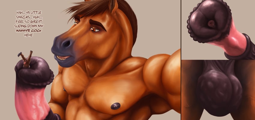 absurd_res anatomically_correct anatomically_correct_genitalia animal_genitalia animal_humanoid animal_penis anthro ball_bulge balls bear big_balls black_nipples brown_hair bulge cock_vore duo equid equine equine_genitalia equine_penis flared_penis genitals gfhs hair hi_res horse humanoid looking_pleasured low-angle_view macro_pred male male/male mammal mammal_humanoid micro_prey multiple_images nipples open_mouth pecs penile penis simple_background swallowing text urethra ursid_humanoid vore