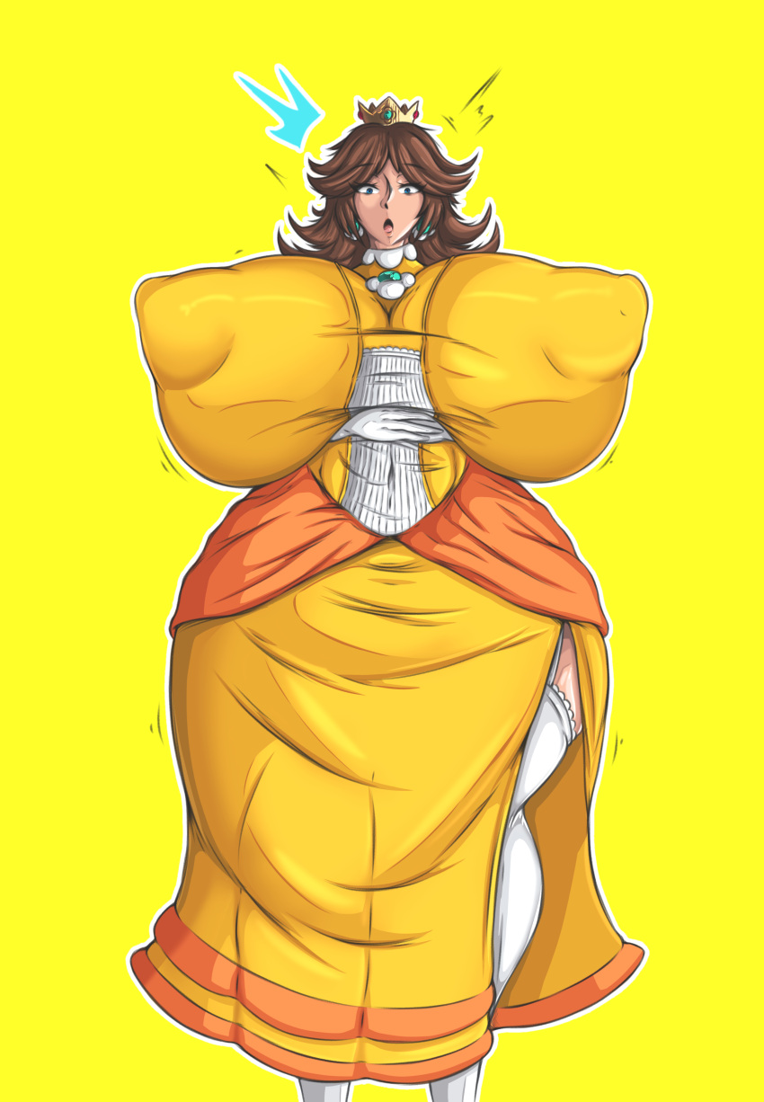 aomokoka big_ass big_breasts breasts_bigger_than_head breasts_bigger_than_torso brown_hair clothed female female_only huge_ass hyper_ass hyper_breasts mario_(series) nintendo nipples_visible_through_clothing no_bra princess_daisy yellow_background yellow_theme