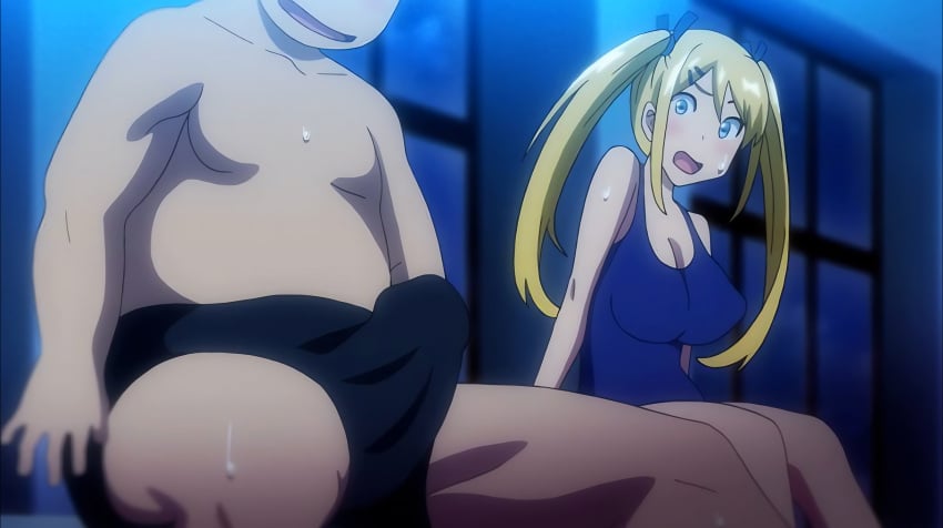 1boy 1girls big_breasts blonde_hair blue_eyes blush breasts erect_penis erection erection_under_clothes eyebrows female grin hairband huge_breasts legs legs_together long_hair looking_at_penis looking_down male massive_breasts minato_saya night open_mouth partially_clothed schoolgirl screencap sitting spread_legs sweat sweatdrop sweating swimsuit takagi_daisuke takeda_hiromitsu teenage_girl teenager thighs tsundero twintails