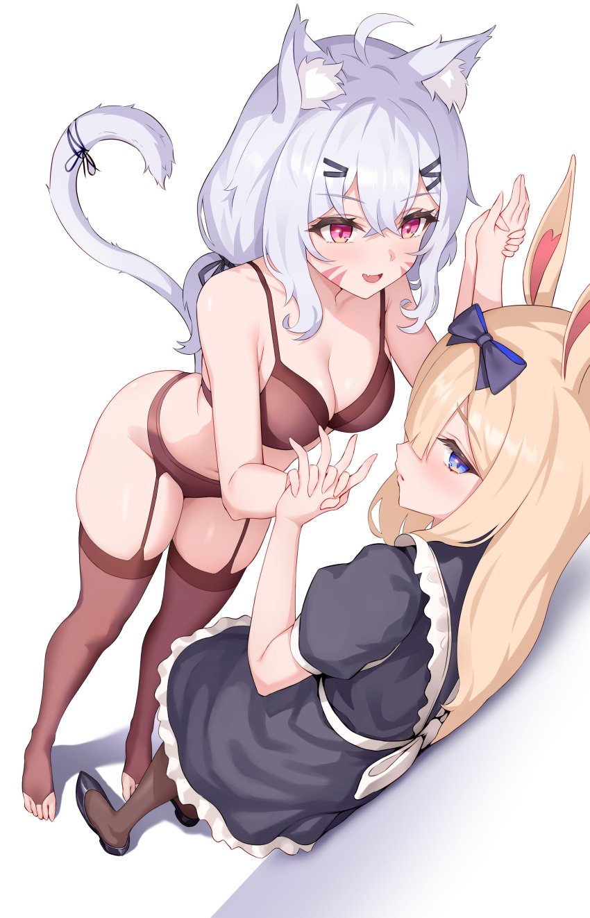 2girls ahoge animal_ear_fluff animal_ears apron bangs bare_shoulders black_bra black_legwear black_panties blonde_hair blue_eyes blush bow bra breasts bunny_ears bunny_girl cat_ears cat_girl cat_tail catgirl cleavage dress eyebrows_visible_through_hair fang female female_only frills full_body garter_belt garter_straps hair_between_eyes hair_bow hair_ornament hairclip heart heart-shaped_pupils holding_hands interlocked_fingers large_breasts long_hair looking_at_viewer medium_breasts multiple_girls open_mouth own_hands_together panties secon short_sleeves silver_hair skindentation smile squchan_(vtuber) standing striped symbol-shaped_pupils tail tail_bow thighhighs underwear underwear_only vertical_stripes very_long_hair virtual_youtuber vyugen white_hair yenko