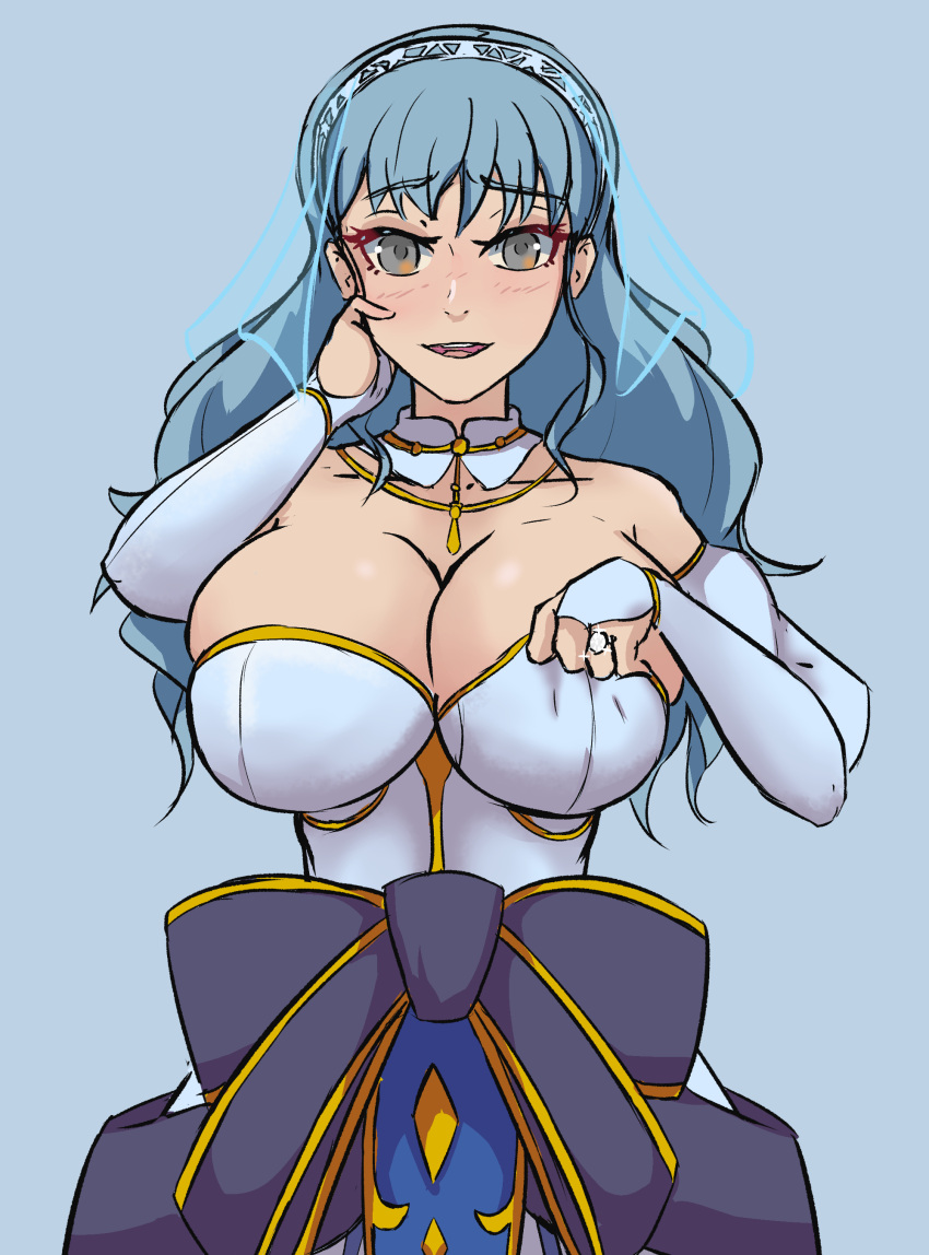 1girls adjusting_clothes alternate_costume alternate_hairstyle alternate_version_available bangs bare_shoulders blue_background blue_hair breasts bridal_veil bride cleavage clothes_lift commission dress female female_only fire_emblem fire_emblem:_three_houses fire_emblem_warriors:_three_hopes hand_on_own_face happy huge_breasts in2naps long_hair long_sleeves looking_at_viewer marianne_von_edmund nintendo office_chair open_mouth ring see-through shoulders smile solo veil wedding_dress wedding_ring