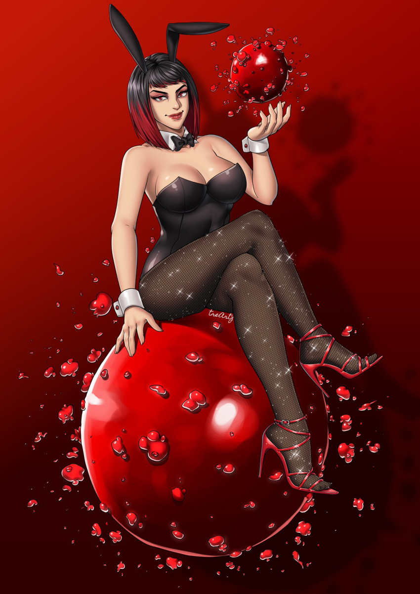 alternate_color alternate_version_available black_clothing black_hair blood bowtie breasts bunny_ears bunny_girl bunnysuit female fishnet fishnet_legwear fishnet_stockings fishnets gradient_hair heels legs_crossed mortal_kombat mortal_kombat_11 pantyhose red_eyes red_hair short_hair sitting skarlet skarlet_(mk11) smile smiling solo solo_female thighs thotlerrr treartz