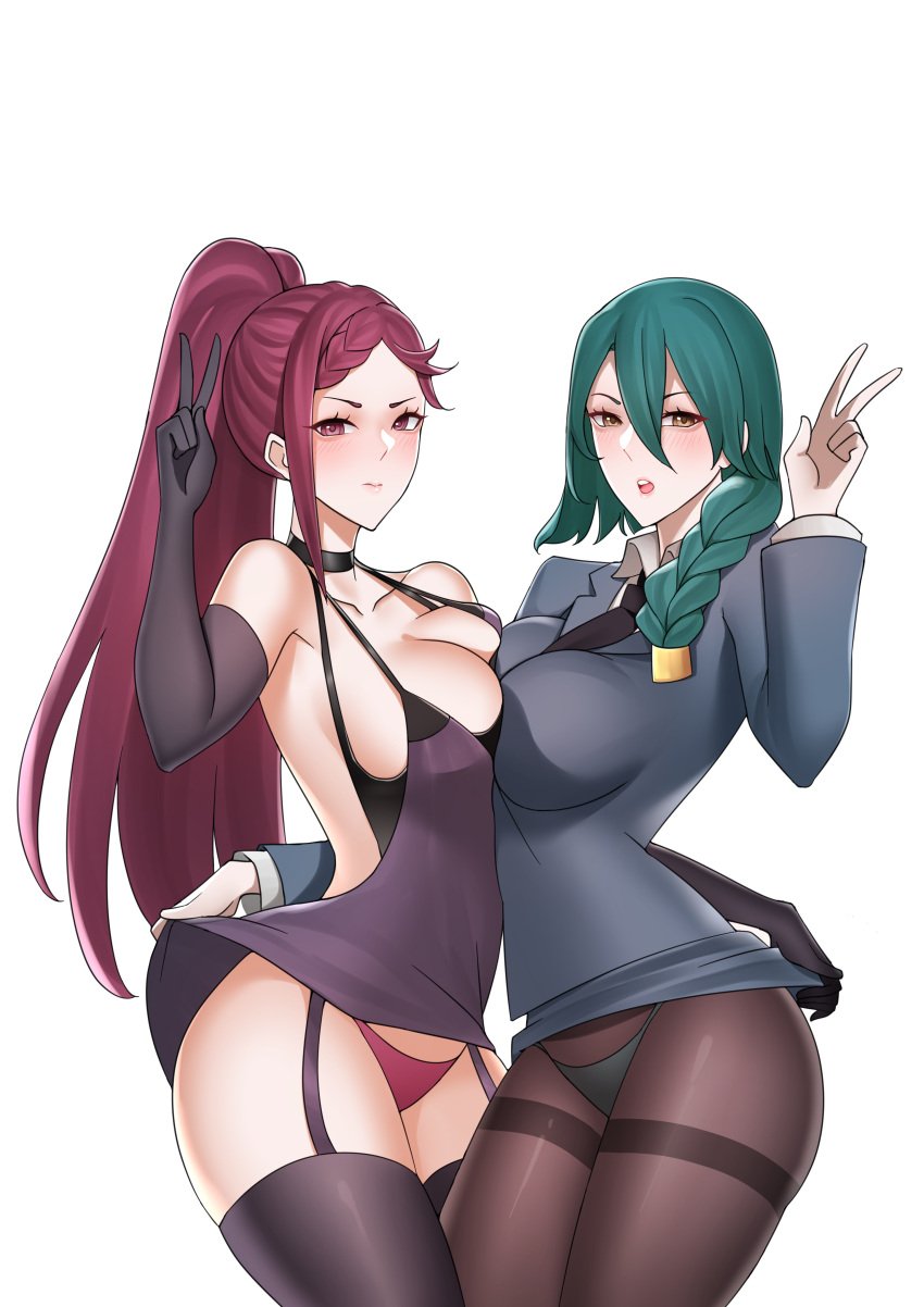 2girls absurdres alternate_costume assisted_exposure asymmetrical_docking backless_dress backless_outfit bare_shoulders black_gloves black_panties blush braid braided_ponytail breast_press breasts cleavage clothes_lift commission cowboy_shot demotori dress dress_lift elbow_gloves embarrassed female female_only fire_emblem fire_emblem_heroes formal garter_belt gloves green_hair green_panties hair_between_eyes hair_ornament highres large_breasts lifted_by_another lips loki_(fire_emblem) long_hair long_sleeves looking_at_viewer mature_female multiple_girls necktie nintendo non-web_source official_alternate_costume open_mouth panties pantyhose ponytail purple_dress purple_eyes purple_hair purple_panties red_panties single_braid skirt skirt_lift thighhighs thighs thorr_(fire_emblem) transparent_background underwear upskirt v yellow_eyes