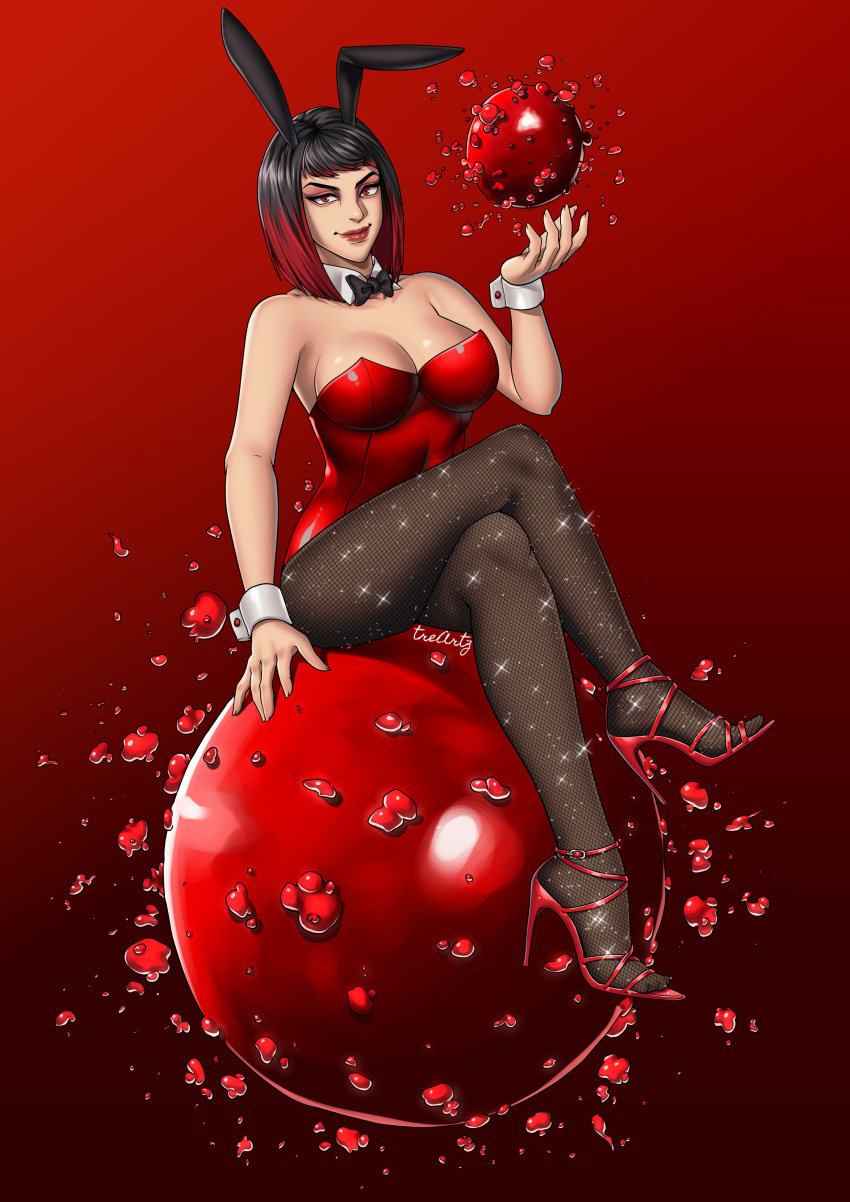 1girls black_hair blood bowtie breasts bunny_ears bunny_girl bunnysuit female female_only fishnet fishnet_legwear fishnet_stockings fishnets fully_clothed gradient_hair heels legs_crossed mortal_kombat mortal_kombat_11 pantyhose red_clothing red_eyes red_hair short_hair sitting skarlet skarlet_(mk11) smile smiling solo solo_female thighs thotlerrr treartz