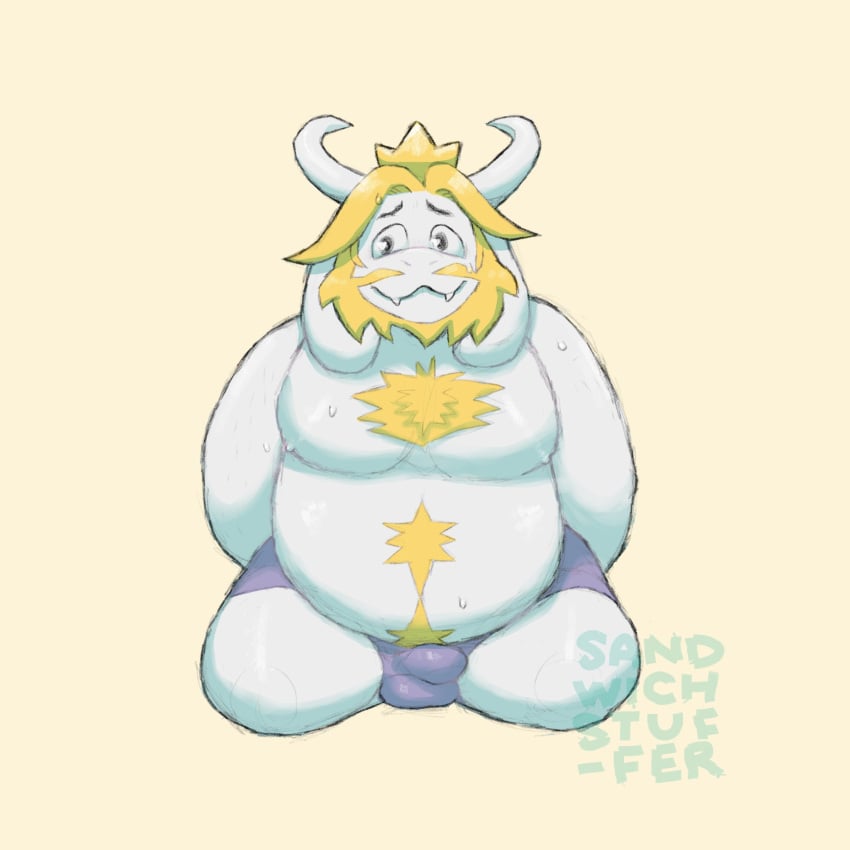 1:1 1:1_aspect_ratio 1boy 2020s 2023 alternate_version_available anthro anthro_only artist_name asgore_dreemurr beard blonde_hair boss_monster bulge bulge_under_clothes caprine crown floppy_ears furry furry_male furry_only goat goat_ears goat_horns hands_behind_back hi_res high_res high_resolution highres horns kneel looking_away male male_anthro male_only monster monster_boy penis_bulge sandwichstuffer shaded simple_background solid_color_background solo solo_anthro solo_male undertale undertale_(series) underwear underwear_only yellow_background