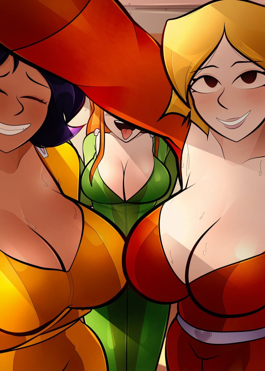 3girls alex_(totally_spies) arkeus arkeus_165 armpits black_eyes blonde_hair blue_eyes blush blush_lines blushing_at_viewer blushing_profusely breasts closed_eyes clothing clover_(totally_spies) eyes_covered female human looking_at_viewer marathon_(copyright) multiple_girls open_eyes pale_skin sam_(totally_spies) sweat sweatdrop sweaty_body tongue tongue_out totally_spies