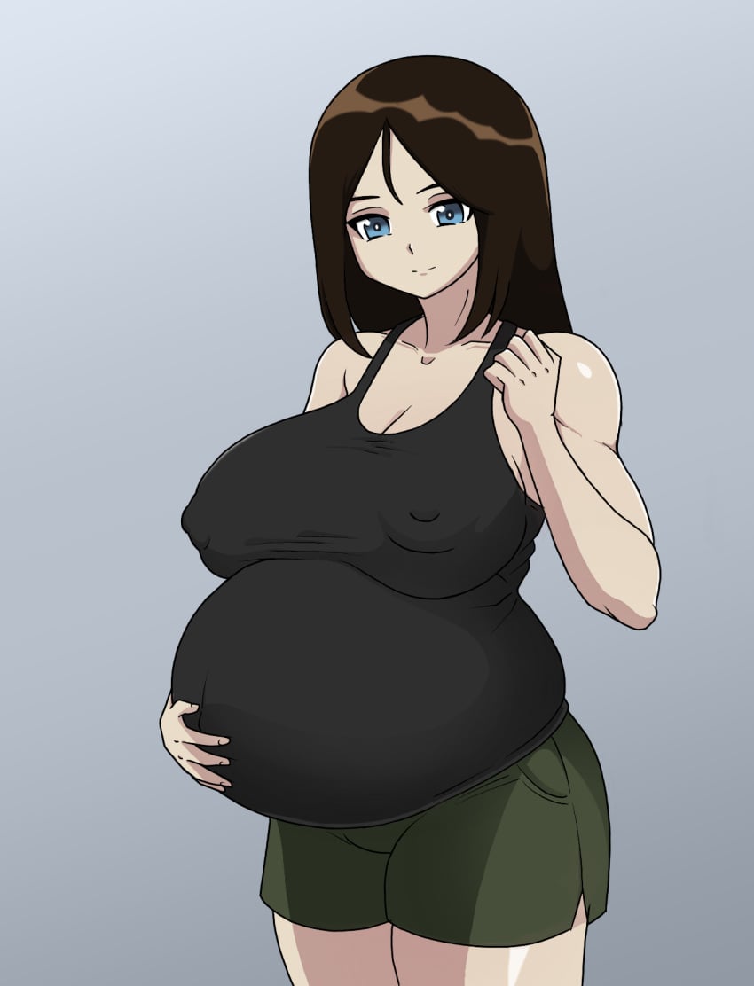 1girls belly big_belly big_breasts blue_eyes breasts brown_hair clothed clothing female female_only fungus-man girls_und_panzer hand_on_belly light-skinned_female light_skin medium_hair nipple_bulge nipples nonna pregnant shorts smile solo solo_female standing tagme tank_top toned toned_female