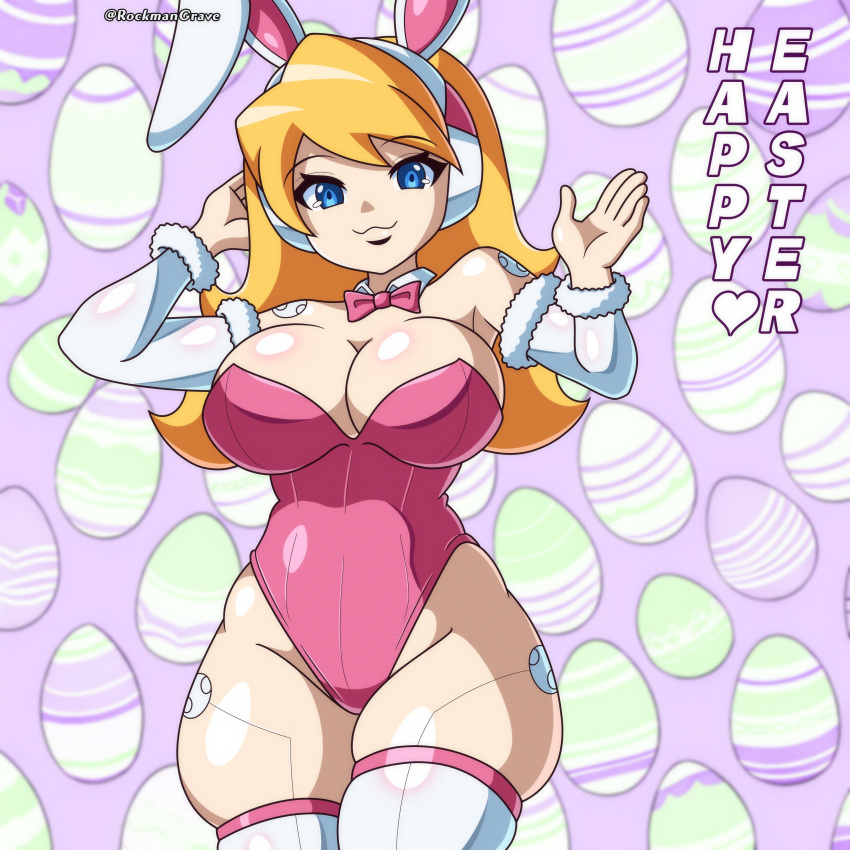 alia blonde_hair blue_eyes bowtie bunny_girl bunnysuit detailed_background easter easter_egg headphones mega_man mega_man_x pattern_background ribbon robot_girl rockmangrave thick_thighs