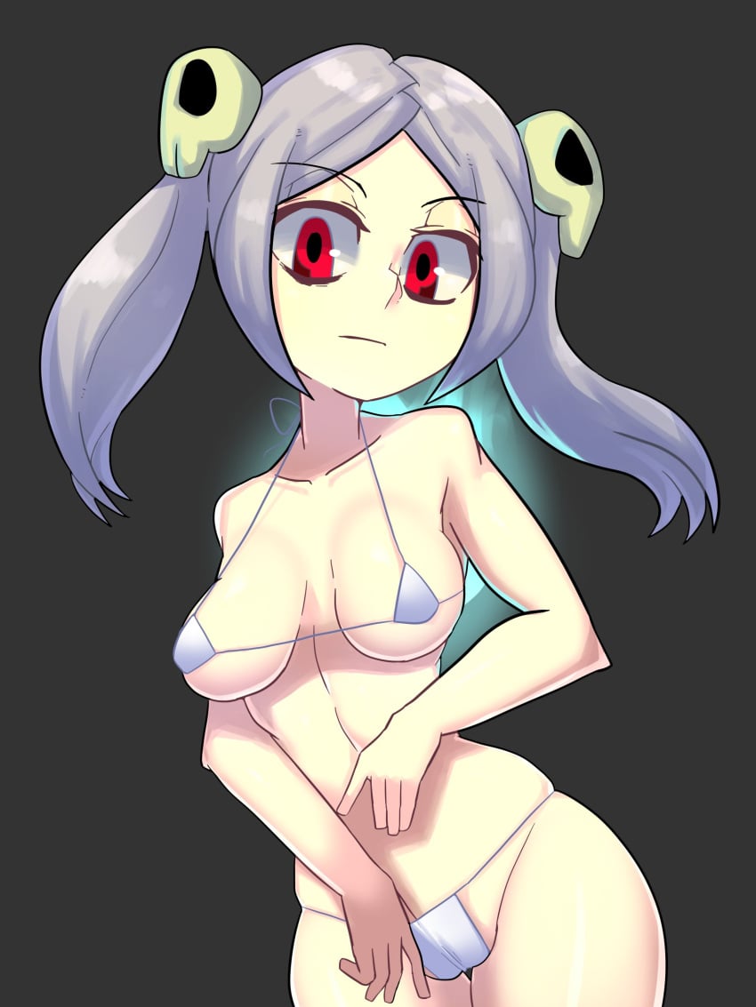 bikini bloody_marie breasts cameltoe gray_hair legs navel painting_fish red_eyes skullgirls small_breasts twintails vagina