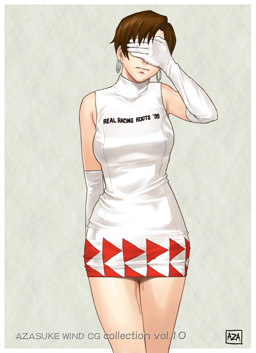 azasuke bare_shoulders brown_eyes brown_hair covering covering_eyes covering_face dress earrings elbow_gloves embarrassed gloves highres hoop_earrings jewelry nagase_reiko pussy_juice race_queen ridge_racer short_hair solo standing thigh_gap thighs