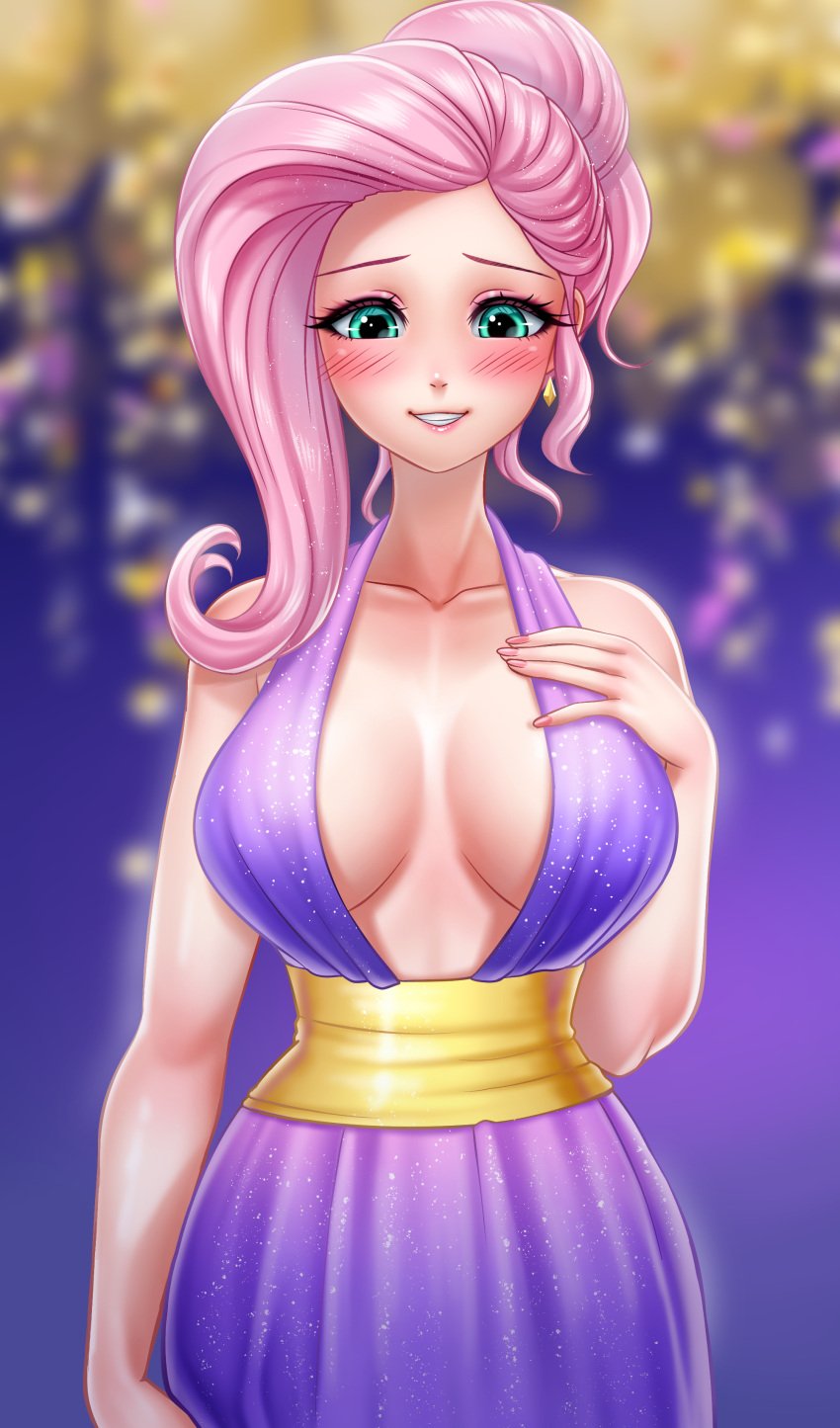 blush breasts cleavage dress earrings female_only fluttershy_(mlp) human humanized large_breasts my_little_pony not_furry pink_hair racoonkun smile