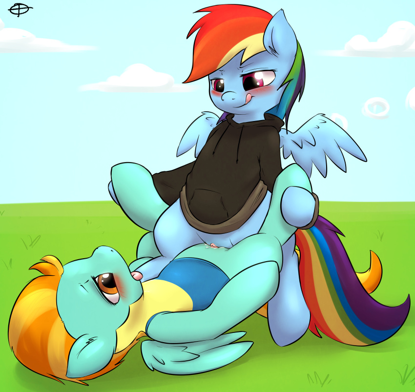 blue_fur clopper-dude cum equine female friendship_is_magic hair horse lightning_dust_(mlp) multicolored_hair my_little_pony pegasus pony rainbow_dash_(mlp) rainbow_hair straight_hair sweater tongue wings yuri