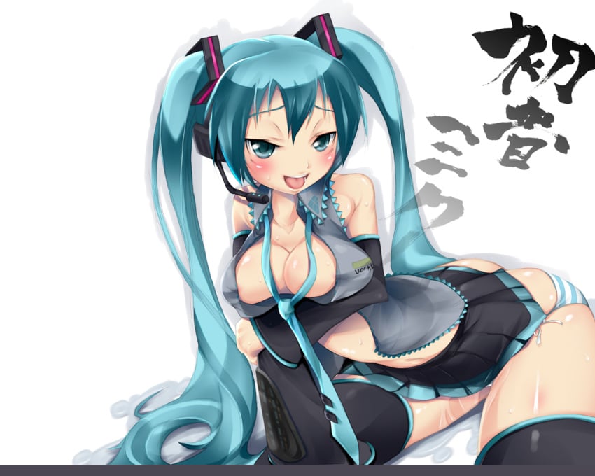 aqua_hair blush breast_hold breasts cleavage detached_sleeves hatsune_miku imazon long_hair microphone necktie open_clothes open_shirt oppai panties shimapan shirt side-tie_panties sitting skirt smile striped striped_panties thighhighs tied_hair tongue twintails underwear vocaloid