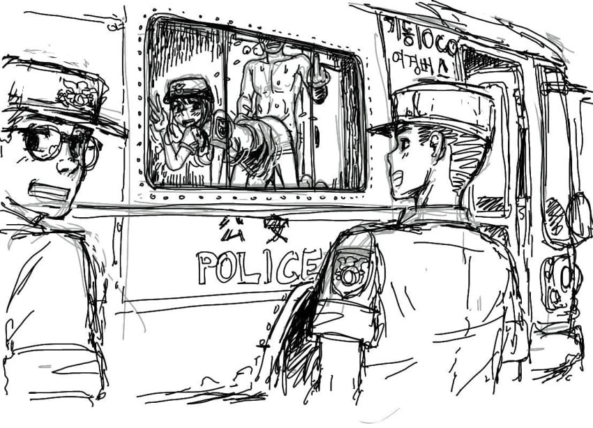 abuse_of_power authority_abuse doggy_style female from_behind gogocherry group human korean_text male monochrome on_duty police_man police_woman riot_police rough_sketch straight text uncensored uniform unprofessional_behavior