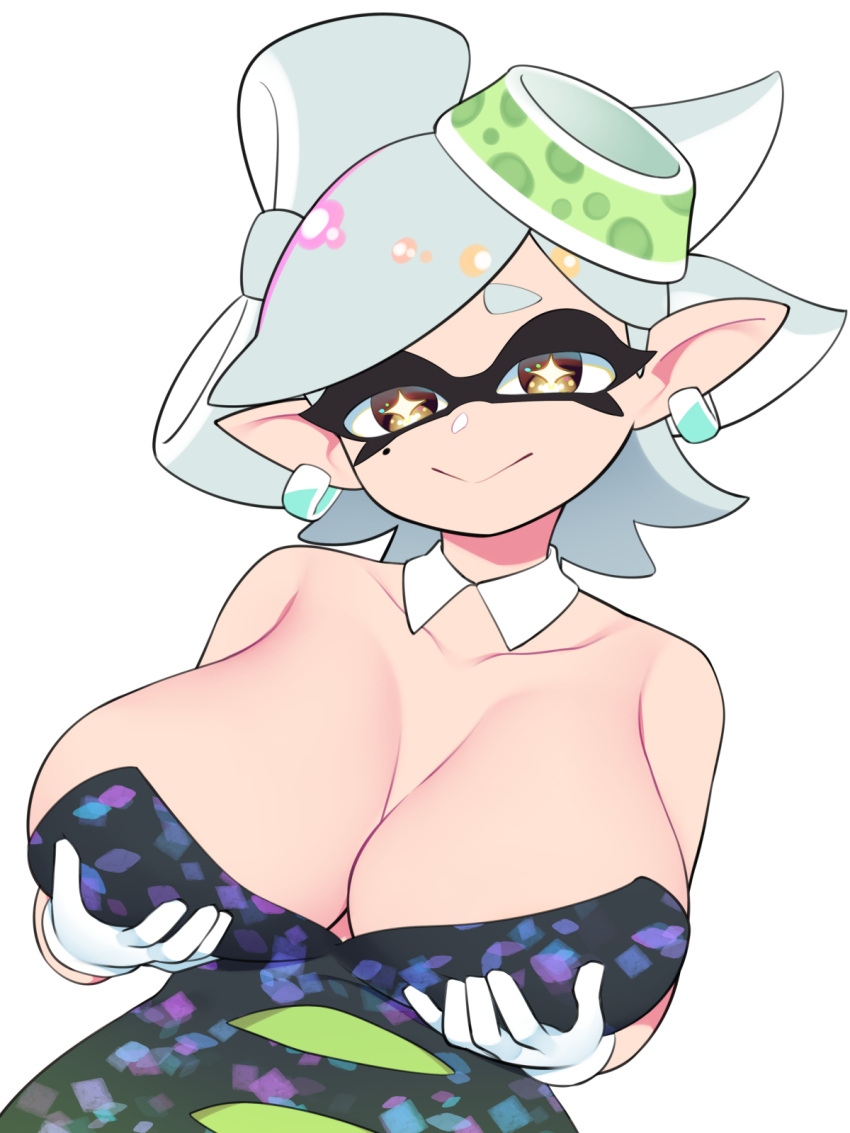 bellupup big_breasts black_dress boob_window clothed cupping_breasts earrings female female_only green_hair hands_on_breasts holding_breast holding_own_breast light-skinned_female light_hair light_skin marie_(splatoon) mole mole_under_eye multicolored_hair nintendo no_bra pointed_ears pointy_ears splatoon symbol-shaped_pupils tentacle_hair white_gloves white_hair yellow_eyes