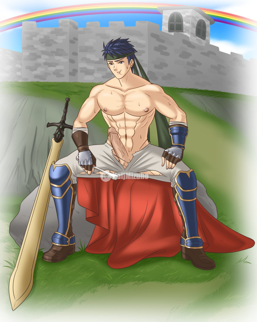 1boy abs armored_boots armored_gloves big_penis blue_eyes blue_hair castle eating fire_emblem fire_emblem:_path_of_radiance fire_emblem:_radiant_dawn headband ike_(fire_emblem) male male_only muscles muscular muscular_male naijmizuho partially_clothed penis purple_hair rainbow ripped_pants shirtless solo sweat sword