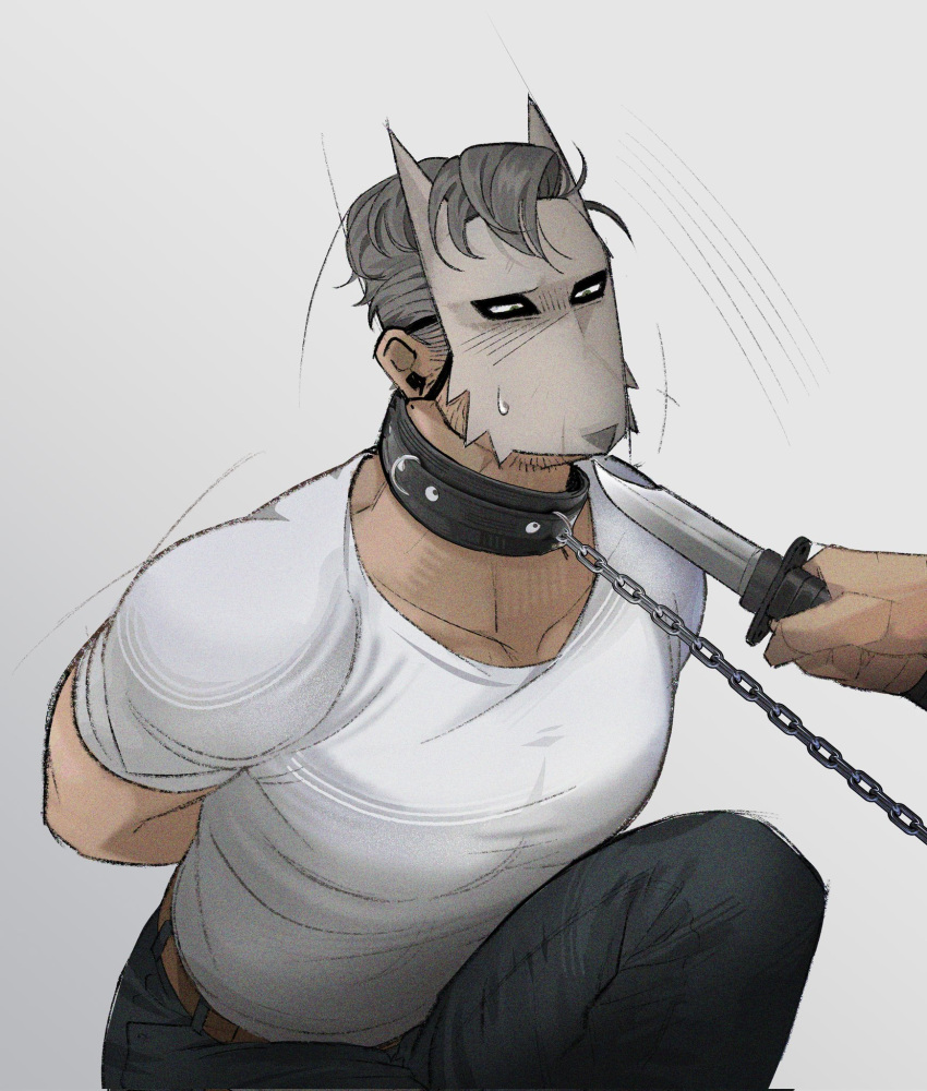 chain_leash chains collar dog_collar fully_clothed gray_hair jack_[dean] knife knife_play knifepoint male_focus male_only mask masked_male neck_chain no_visible_genitalia old_man older_male petplay solo_male spiked_collar suggestive the_price_of_flesh twinstte