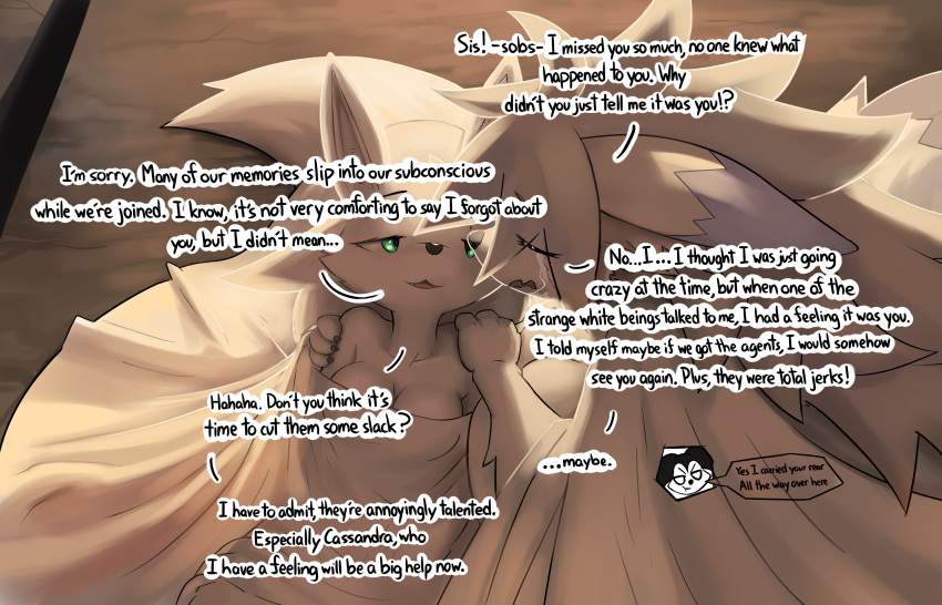 3girls anthro big_breasts blanket breasts canid canine cleavage collarbone crying dialogue female fox furry green_eyes jingle_(ozoneserpent) leah_(ozoneserpent) lily_(ozoneserpent) mammal nude nude_female original original_character ozoneserpent sisters tail tears text white_body white_fur wolf