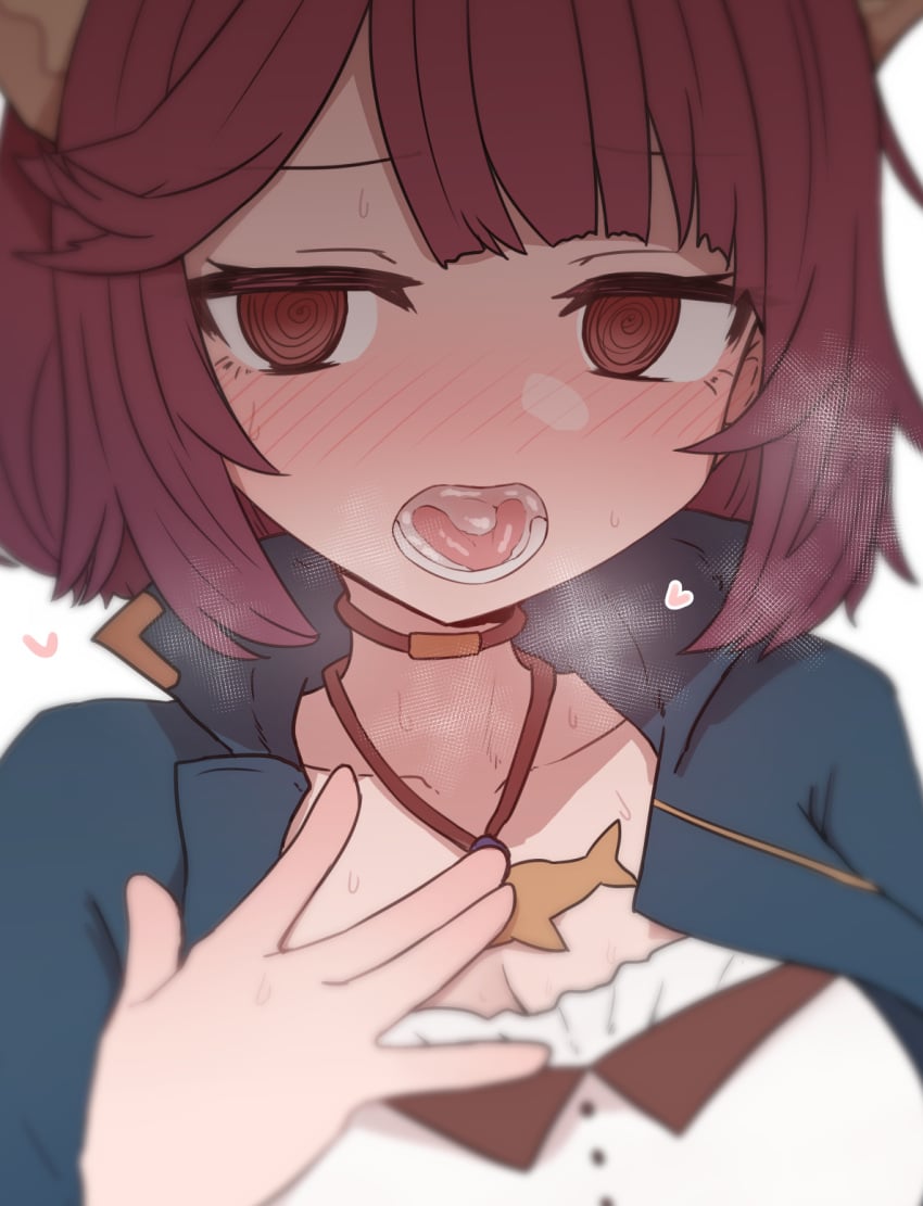 @_@ atelier_(series) atelier_sophie blush blushing choker cum cum_in_mouth cum_on_tongue female hand_on_own_chest heart highres looking_at_viewer lower_teeth_only open_mouth red_eyes red_hair short_hair solo sophie_neuenmuller sumiyao_(amam) sweat teeth tongue