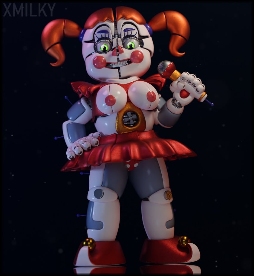 3d 3d_(artwork) baby_(fnafsl) blender blender_(software) blender_cycles blue_background breasts circus_baby circus_baby_(fnaf) circus_baby_(original) female female_only five_nights_at_freddy's five_nights_at_freddy's:_sister_location full_color green_eyes looking_at_viewer medium_breasts microphone nipples no_penetration orange_hair panties red_clothing robot robot_girl shoes skirt solo solo_female underwear white_body white_skin x3milky