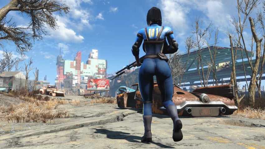 1girls 3d ass bethesda_softworks black_hair bodysuit clothed dat_ass fallout fallout_(series) fallout_4 female female_protagonist gun human jumpsuit long_gun pip-boy screenshot short_hair skin_tight standing tight_clothes tight_clothing vault_dweller vault_girl vault_meat vault_suit weapon