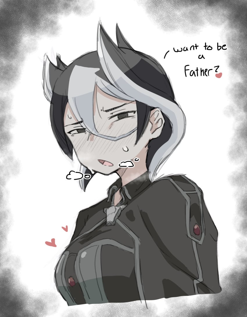 black_and_white_hair black_eyes blush breath english_text female female_only fully_clothed hair_between_eyes horny horny_female impregnation_request looking_at_viewer made_in_abyss ozen short_hair solo sweat upper_body zlix0n