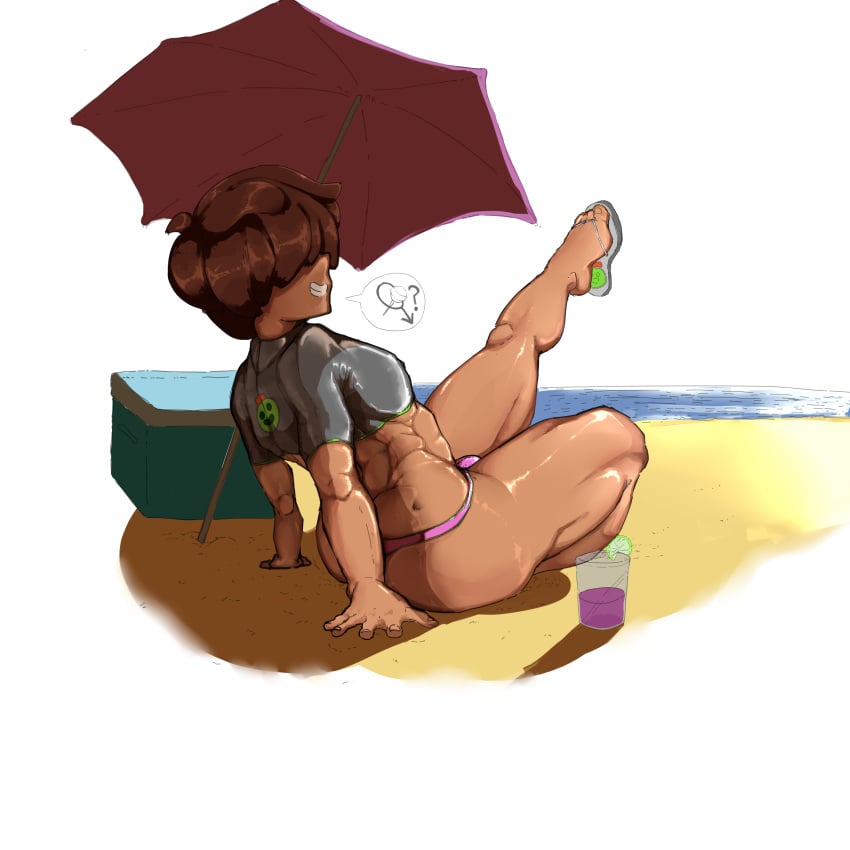 bare_butt big_ass bikini blinding_bangs brawl_stars brown_hair dark_skin femboy girly huge_ass huge_butt leon_(brawl_stars) lewd_potato looking_at_viewer male partially_clothed solo