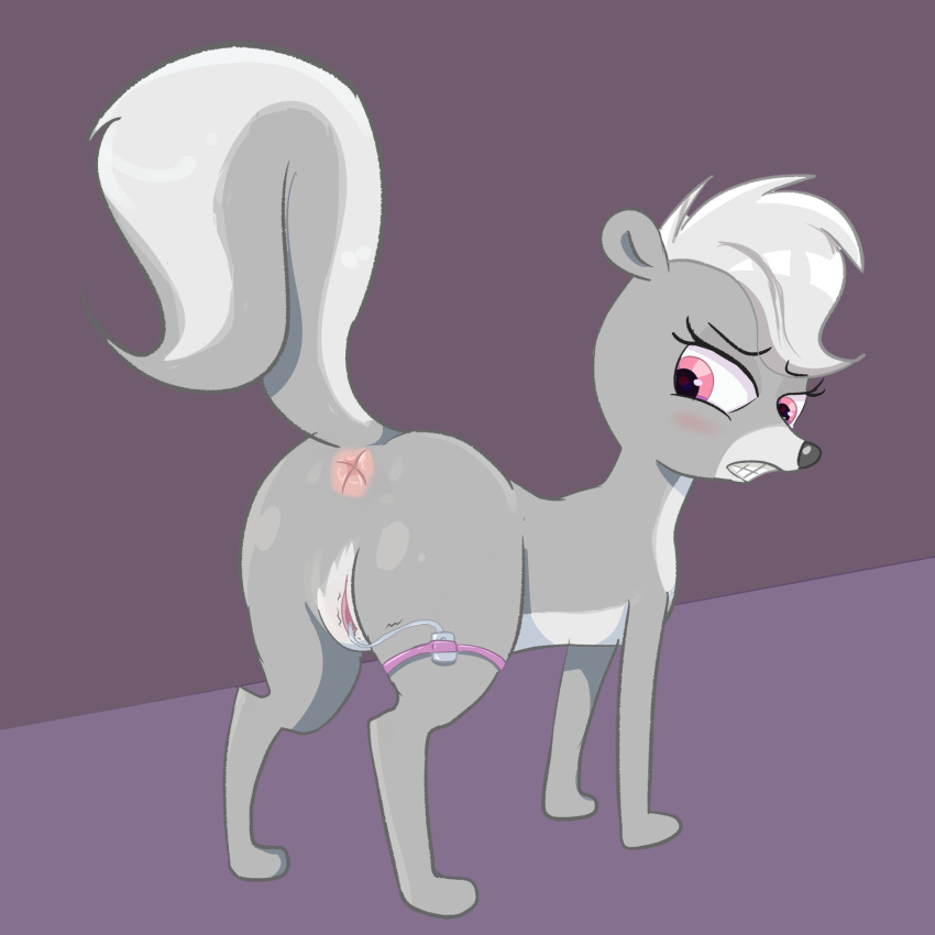 2023 anus ass blush female feral fur genitals grey_body grey_fur hair hasbro hell99999 hi_res littlest_pet_shop littlest_pet_shop_(2012) mammal mephitid pepper_clark pink_eyes pussy raised_tail sex_toy skunk solo standing tail vibrator white_hair