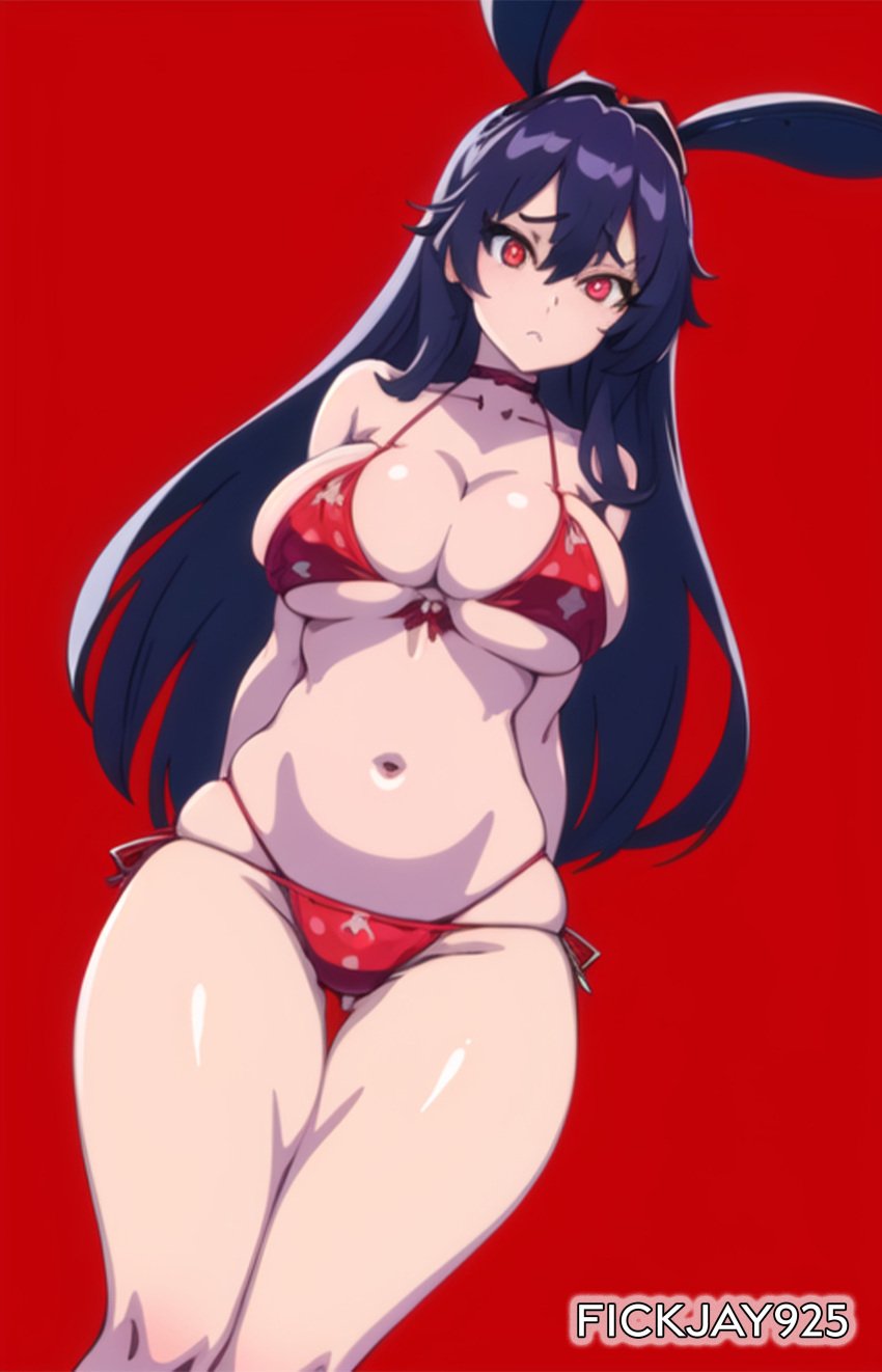 ai_generated bambietta_basterbine big_breasts bikini bleach bleach:_the_thousand-year_blood_war bunny_ears concerned curvy_figure dark_hair fickjay925 large_breasts looking_at_viewer paizuri red_eyes skindentation sternritter