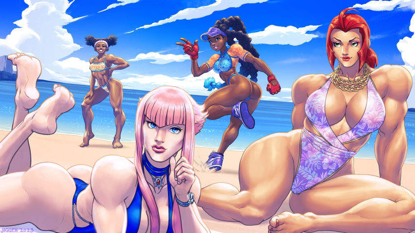 2023 4girls anklet ass barefoot beach big_ass big_breasts bikini black_hair blue_eyes bracelet braid braided_hair breasts brown_eyes capcom chocolate_and_vanilla cleavage clothing_cutout dark-skinned_female dark_skin earbuds earphones feathers feet female female_only french french_female highres italian italian_female jewelry jiggeh jumping kimberly_jackson leg_up light-skinned_female light_skin lily_hawk long_hair manon_legrand marisa_rossetti medium_breasts midair multiple_girls native_american native_american_female one-piece_swimsuit pink_hair red_hair side_cutout sidelocks small_breasts soles street_fighter street_fighter_6 swimsuit thick_thighs thong_bikini toe_scrunch toes two_tone_hair