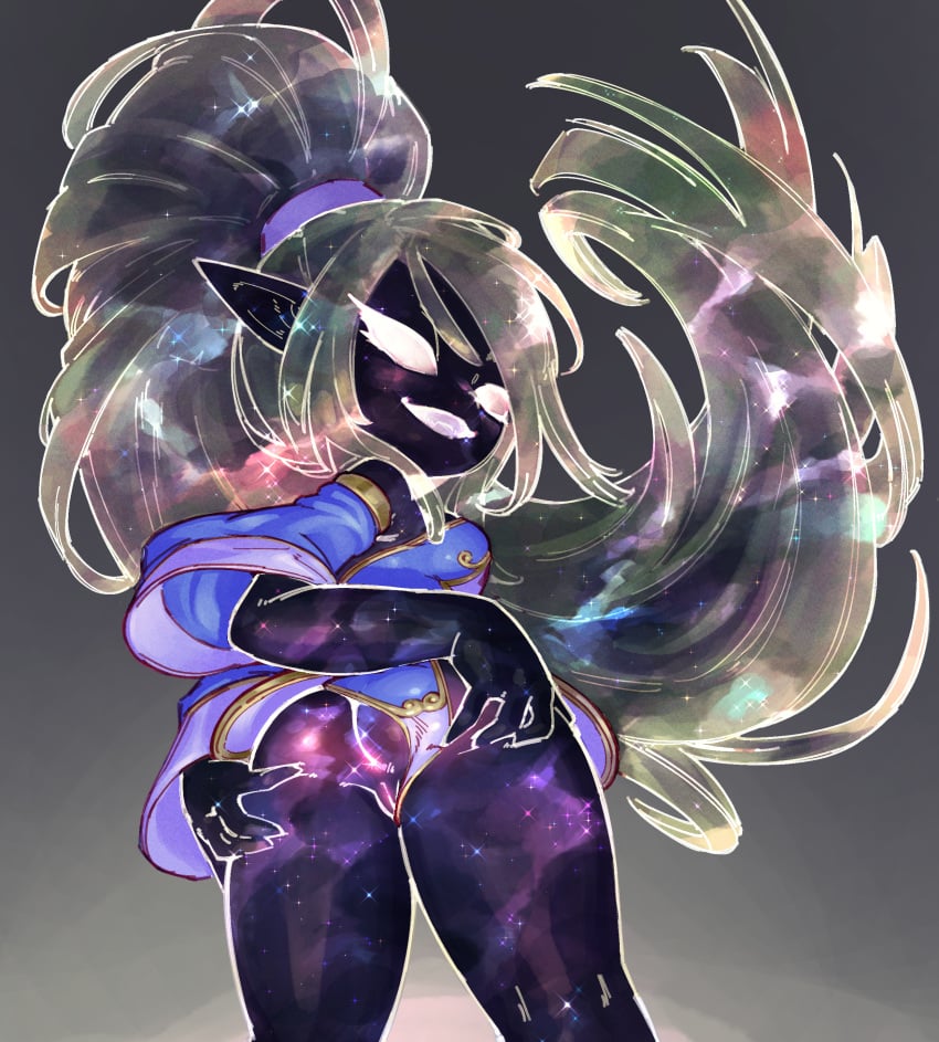 2023 4_fingers absurd_res anus ass black_body clothing clothing_aside cosmic_being digital_drawing_(artwork) digital_media_(artwork) eyelashes female fingers genitals grey_background hair heian_(razistramit) hi_res humanoid humanoid_pointy_ears long_hair looking_back low-angle_view multicolored_body multicolored_hair napalm_express panties panties_aside ponytail portrait presenting presenting_anus presenting_hindquarters presenting_pussy pussy rear_view simple_background smile three-quarter_portrait translucent translucent_hair underwear underwear_aside white_eyes