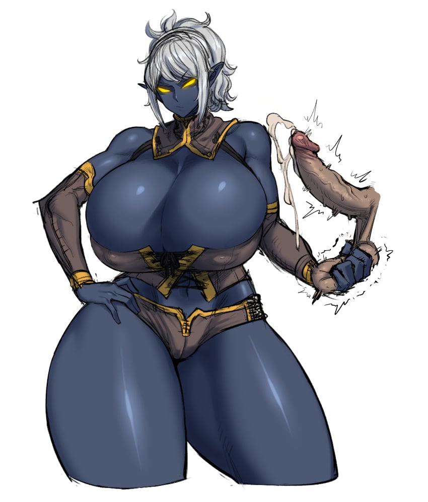 ballbusting ballbusting_orgasm big_breasts blue_skin breasts colored_sclera colored_skin cum dark_elf dark_skin disembodied_penis elf female highres huge_breast huge_breasts large_breasts large_penis massive_breasts no_pupils non-web_source original penis pointy_ears ponytail solo spacezin squeezing_testicles testicle_grab testicles thick_thighs thighs twitching white_background white_hair wide_hips yellow_eyes yellow_sclera