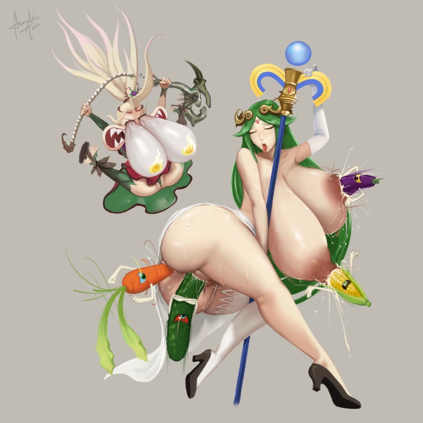 acrylictoon carrot_in_ass cartoony duo eyes_bugging_out eyes_popping_out female food_play huge_breasts kid_icarus kid_icarus_uprising nintendo nipple_penetration palutena tagme viridi wild_take