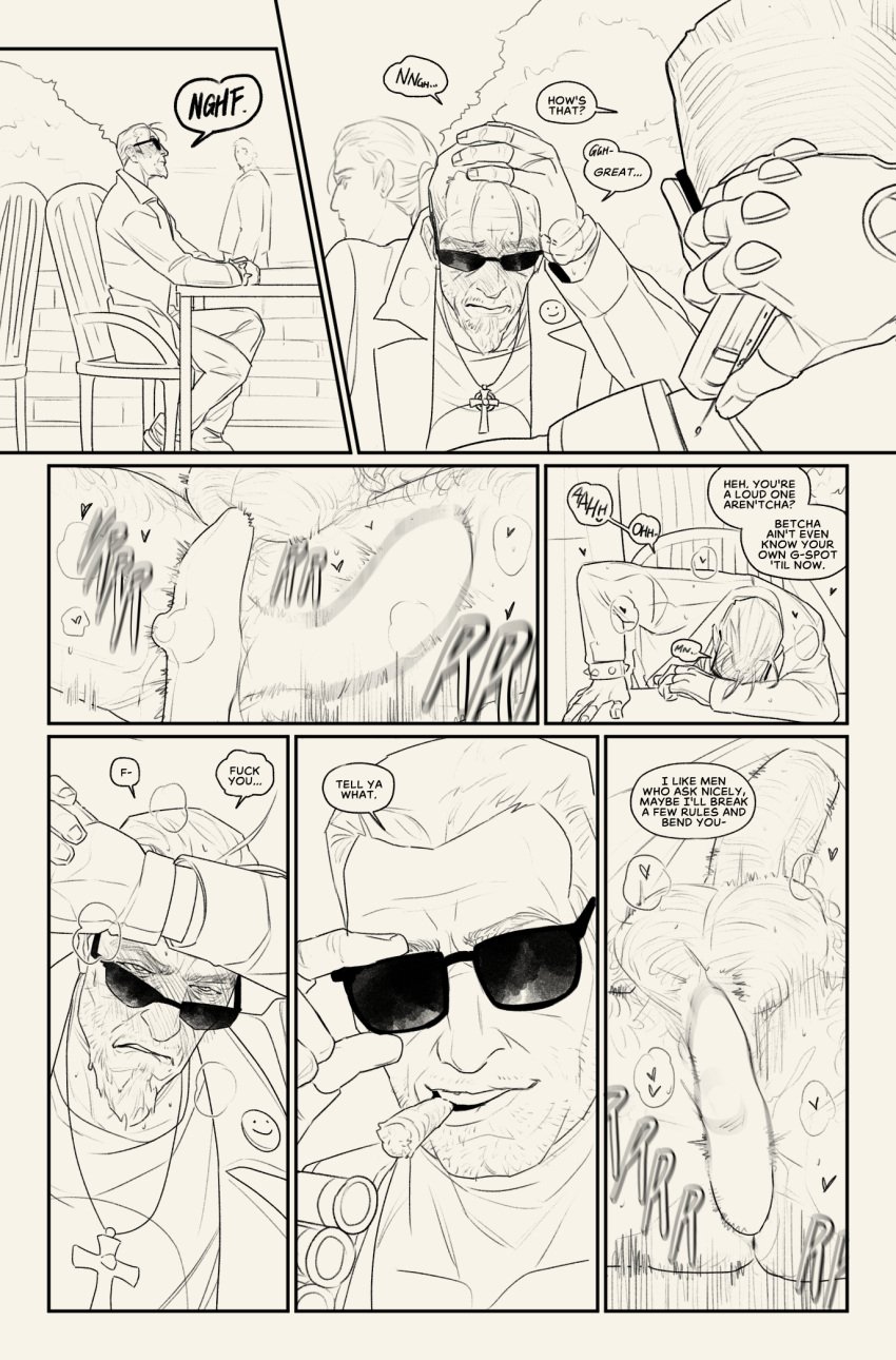 2boys comic crossover duke_nukem duke_nukem_(series) english_text francishsie gay male male_only monochrome muscular muscular_male penis postal_(series) postal_dude public_sex sex_toy sex_toy_in_ass speech_bubble sunglasses tagme text vibrator yaoi