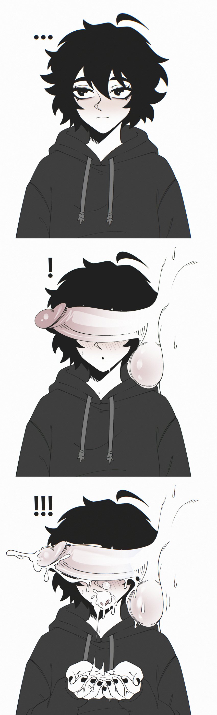 2boys after_fellatio black_hair blush bro_aniki cant_see_the_haters cum cum_in_hands cum_in_mouth cum_on_hand cum_on_nose cute dark_hair doomer_boy femboy gay hoodie male male_only meme messy_hair penis penis_in_face penis_on_face suprised wojak_comics yaoi