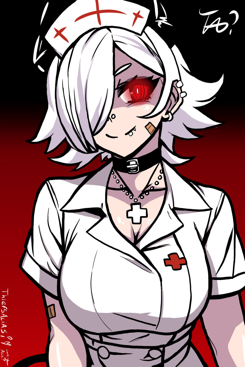 bandage bandage_on_face bandaged_arm bandages demon demon_girl demon_horns demon_humanoid demon_tail demoness female glowing_eyes helltaker necklace nurse nurse_cap nurse_clothing nurse_hat nurse_headwear nurse_outfit nurse_uniform red_eyes short_hair short_hair_female tagme thieviusa uniform white_hair zdrada_(helltaker)