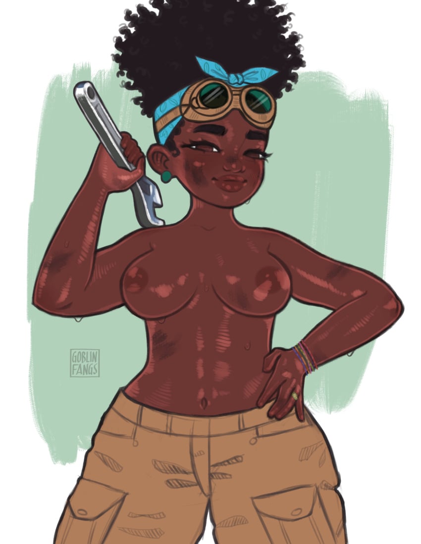 1girls abs african_female belly belly_button black_hair blue_collar bracelet breasts casual_nudity casual_topless dark-skinned_female dirty_body disney earring female female_only goblinfangs goggles khaki_pants khakis looking_at_viewer meridian_clade milf mother nipples no_bra pants shirtless solo strange_world_(film) sweat sweatdrop tool topless wrench