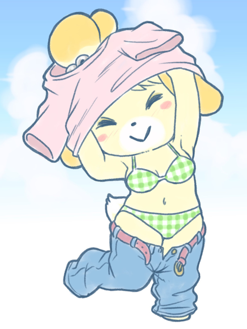 animal_crossing breasts cute dog_girl female isabelle_(animal_crossing) pants rakugaken shirt swimsuit tagme undressing