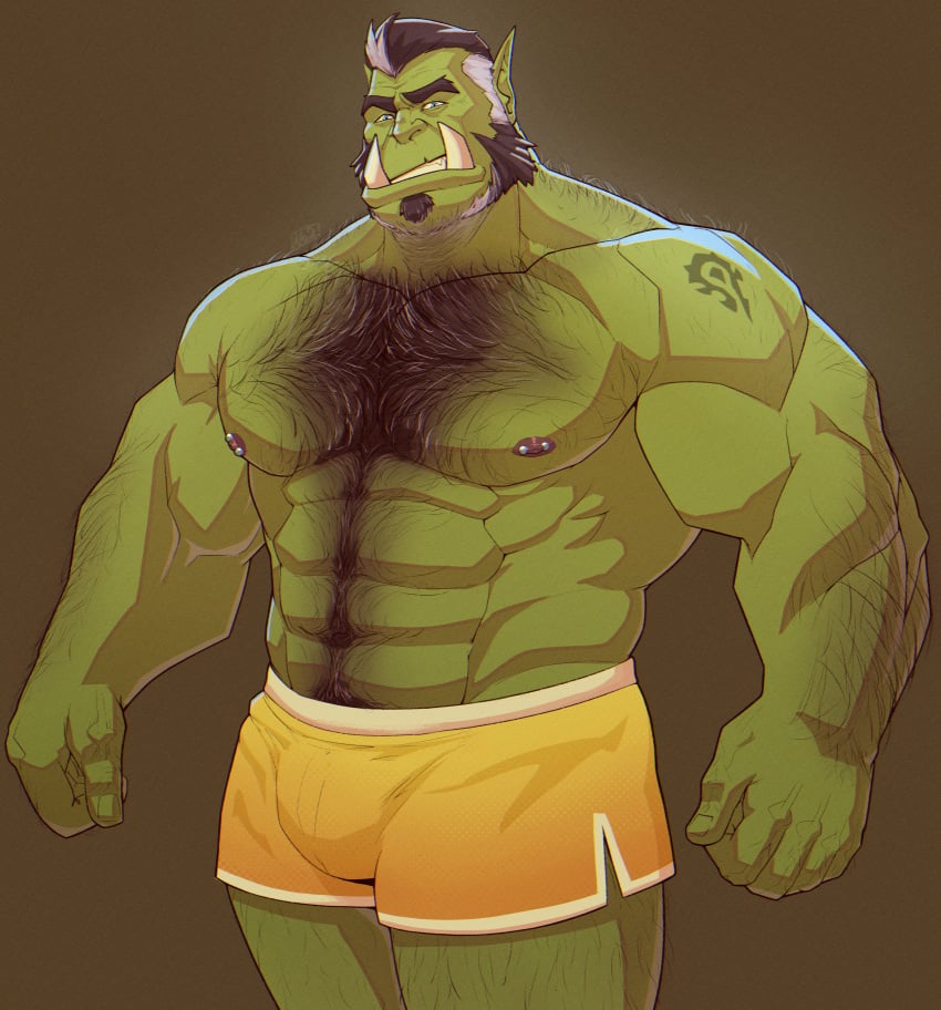 2023 abs absurd_res arm_tattoo bara barbell_piercing biceps black_hair blue_eyes body_hair bottomwear chest_hair clothed clothing deltoids facial_hair green_background green_body green_skin hair hairy_arms hairy_chest happy_trail hi_res humanoid looking_at_viewer male male_only mr_nellory muscular muscular_humanoid muscular_male nipple_barbell nipple_piercing nipples obliques orc pecs piercing shorts shoulder_tattoo sideburns simple_background solo soul_patch tagme tattoo topless tusks white_hair yellow_bottomwear yellow_clothing yellow_shorts