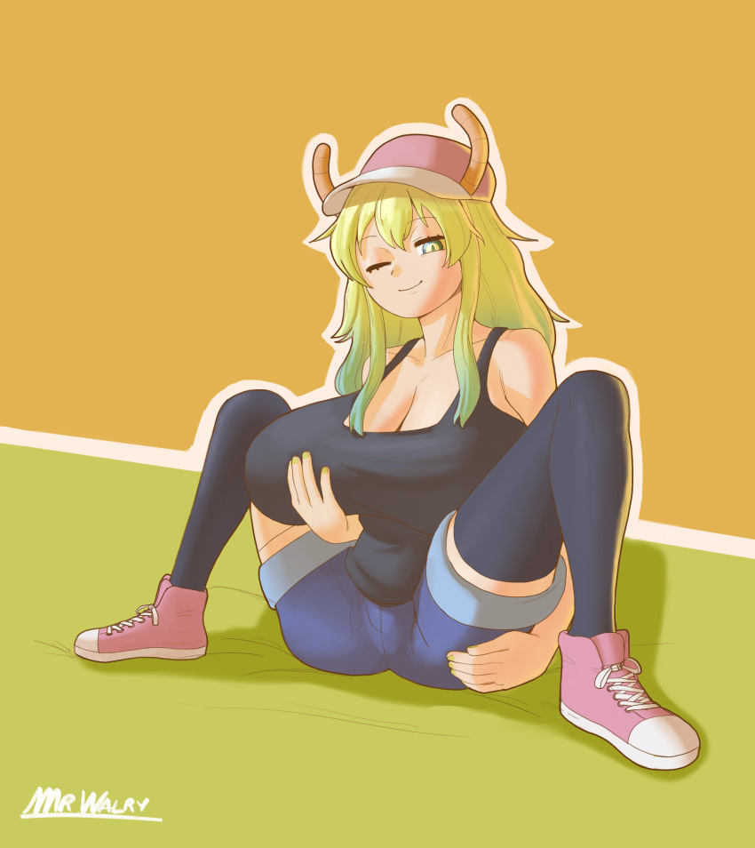 1girls breasts clothing female horns kobayashi-san_chi_no_maidragon large_breasts long_hair looking_at_viewer lucoa lucoa_(maidragon) miss_kobayashi's_dragon_maid mrwalry one_eye_closed quetzalcoatl_(dragon_maid) sitting solo solo_female