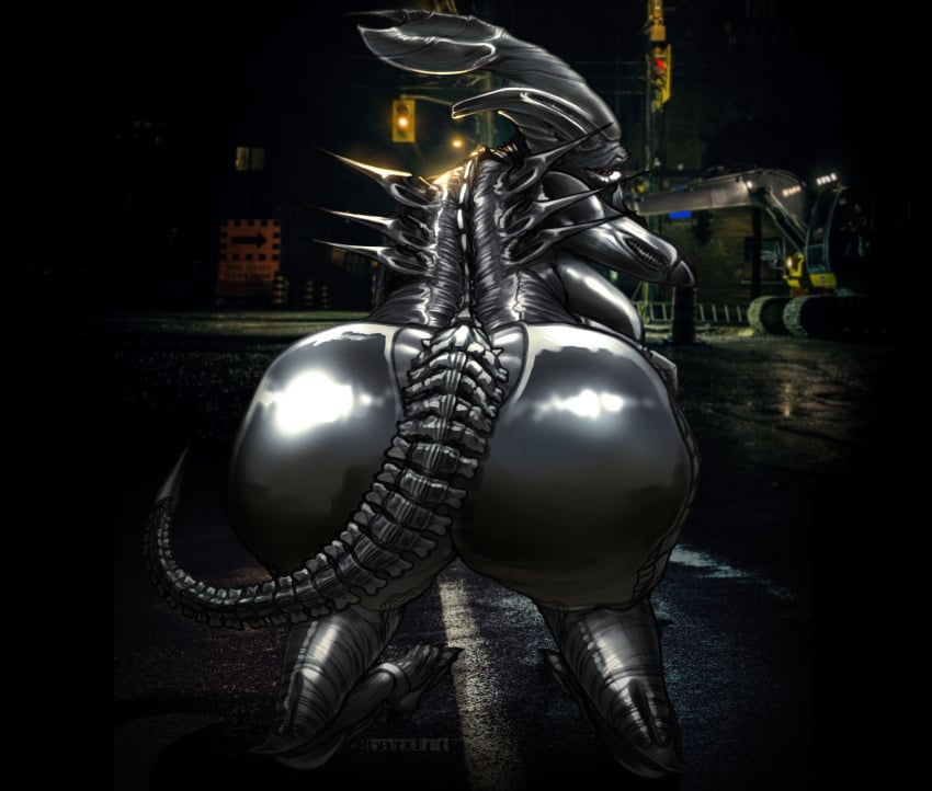 alien alien_(franchise) anthro ass band1tnsfw big_ass big_breasts big_butt black_body black_skin breasts crown digital_drawing_(artwork) digital_media_(artwork) digitigrade eyeless female female_xenomorph finger_to_lips glistening glistening_body glistening_butt headgear hi_res lips looking_at_viewer looking_back outside overweight overweight_anthro overweight_female portrait presenting presenting_hindquarters solo spikes spikes_(anatomy) street thick_lips thick_thighs wide_hips xenomorph xenomorph_queen