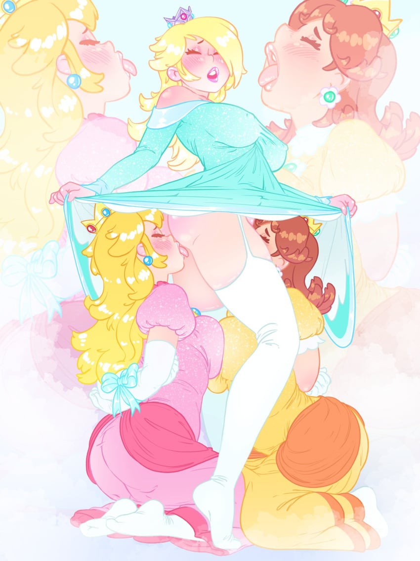 3girls ass blonde_hair blue_dress breasts brown_hair cunnilingus dress dress_lift female female_only full_body furu_juru kneeling lifted_by_self light-skinned_female long_hair mario_(series) multiple_girls nintendo orange_dress pink_dress princess_daisy princess_peach princess_rosalina standing yuri zoom_layer