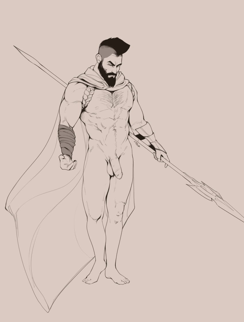 1boy atreus_(league_of_legends) balls bara barazoku beard big_balls big_penis cape completely_nude facial_hair gay hairy hairy_chest hi_res highres league_of_legends male male_focus male_nipples male_only manly monochrome muscular_male nipples nude pantheon penis riot_games solo solo_male tattoos yaoi