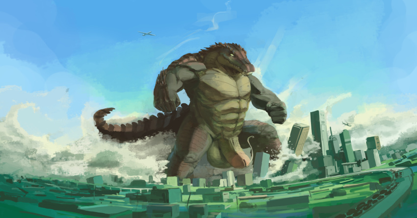 abs anthro balls blackestmanamultis bodily_fluids carnak_(carpo) city crocodile crocodilian crocodylid destruction erection genital_fluids genitals hi_res landscape_dwarfing macro male muscular muscular_anthro muscular_male nude penis precum reptile scalie solo