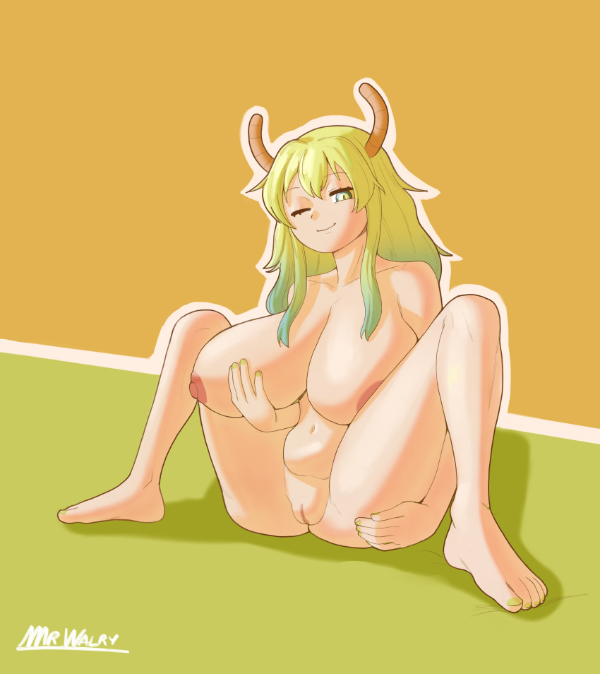 1girls breasts feet female horns kobayashi-san_chi_no_maidragon large_breasts long_hair looking_at_viewer lucoa lucoa_(maidragon) miss_kobayashi's_dragon_maid mrwalry naked nipples nude one_eye_closed pussy quetzalcoatl_(dragon_maid) shaved_pussy sitting solo solo_female vagina