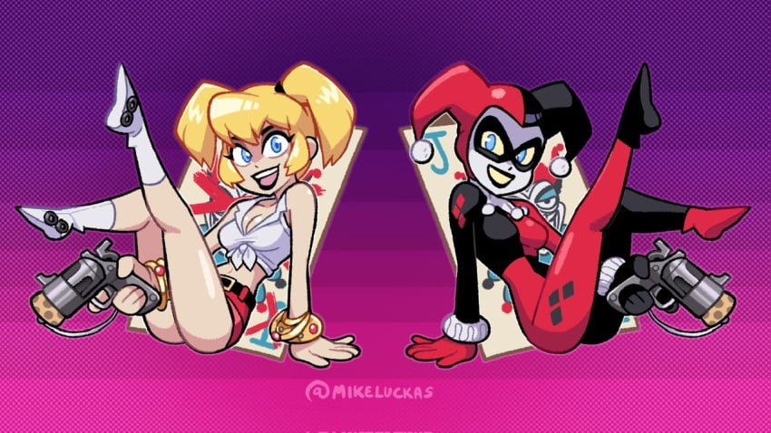 2girls batman:_the_animated_series batman_(series) big_ass big_breasts blonde_hair blue_eyes bodysuit chest cleavage crop_top curvaceous curvy curvy_figure datskelebutt dc dc_comics dual_persona eyebrows eyelashes eyes female female_only hair harleen_quinzel harley_quinn harley_quinn_(classic) legs light-skinned_female light_skin lips mikeluckas pigtails pop_gun short_shorts stupiddead_skullhead thighs villain villainess