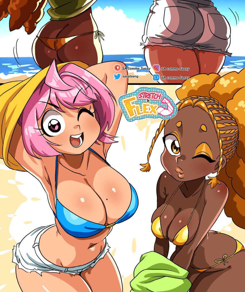 2girls bangs beach bikini bikini_top blue_bikini boob_squish braided_hair bursting_butt cargo_shorts gold_bikini gold_eyeliner gold_hair hair_dye jiggling_ass large_breasts medium_breasts mole_on_breast multiple_girls pink_eyes ponytail ruby_(sasatseng) sasatseng sexy_armpits short_shorts tagme taking_clothes_off thick_thighs voluptuous_female wobbling_ass